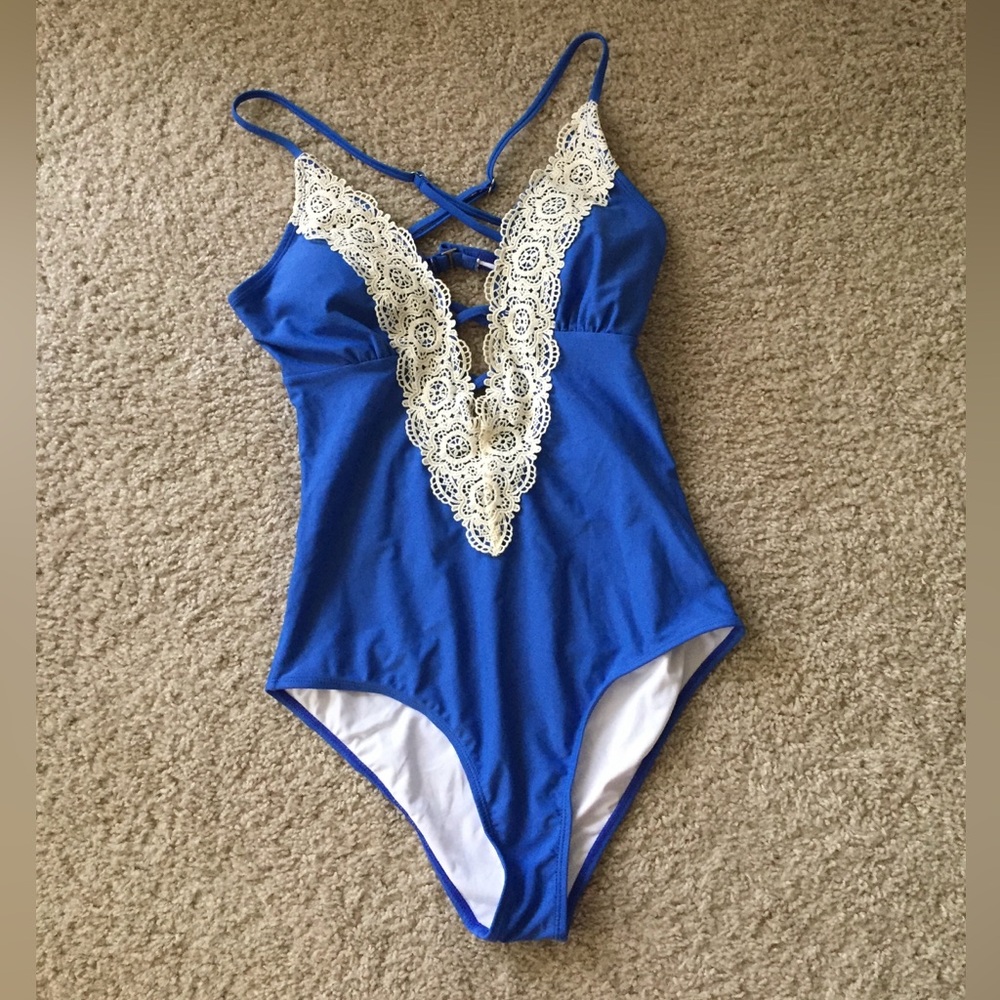 Blue Lace Trim One-Piece Swimsuit